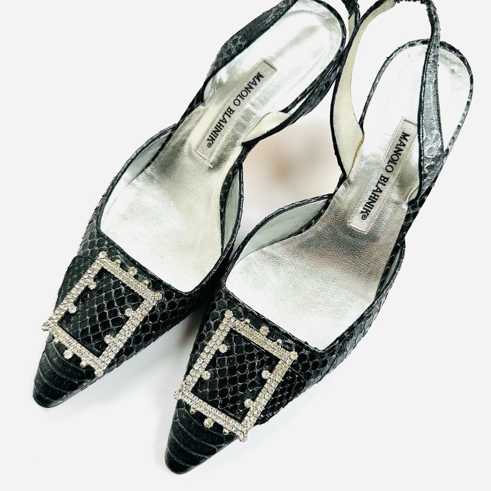 Manolo Blahnik Black Snakeskin Crystal Buckle Slingbacks –Size 39